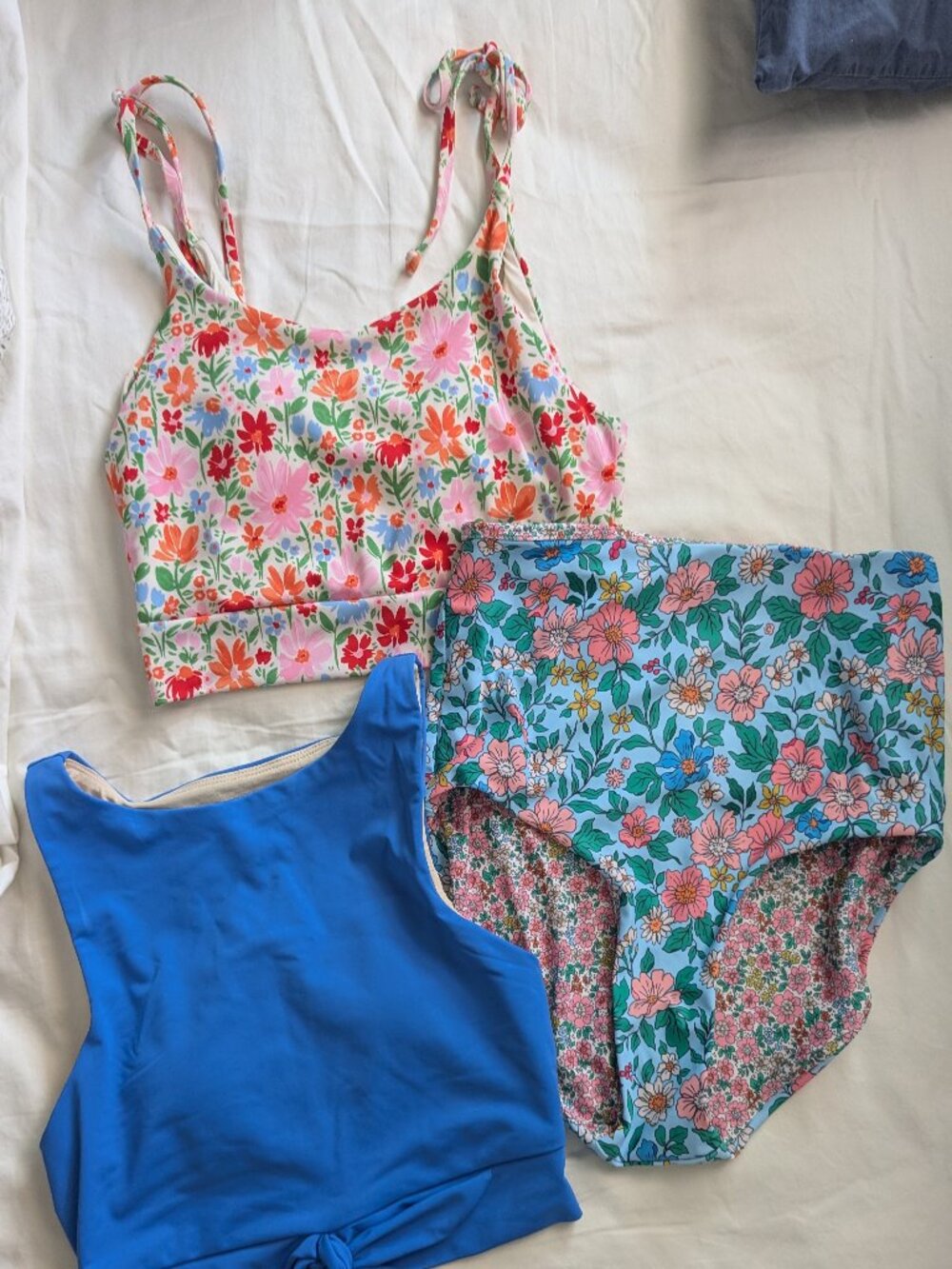 Lot of shoulder tie crop top, tie front crop top and reversible floral bottoms